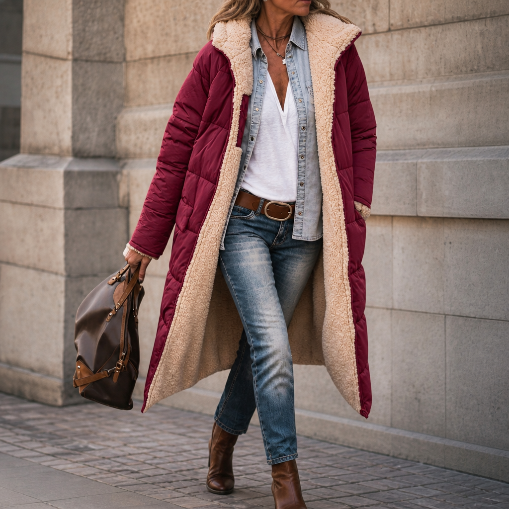 Reversible longline puffer coat in burgundy with a plush cream sherpa lining, featuring a relaxed fit and open front.