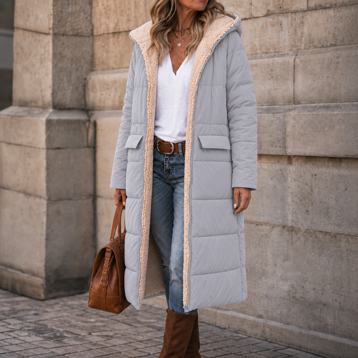 Reversible longline puffer coat in light gray with a plush beige sherpa lining, hood, and flap pockets.