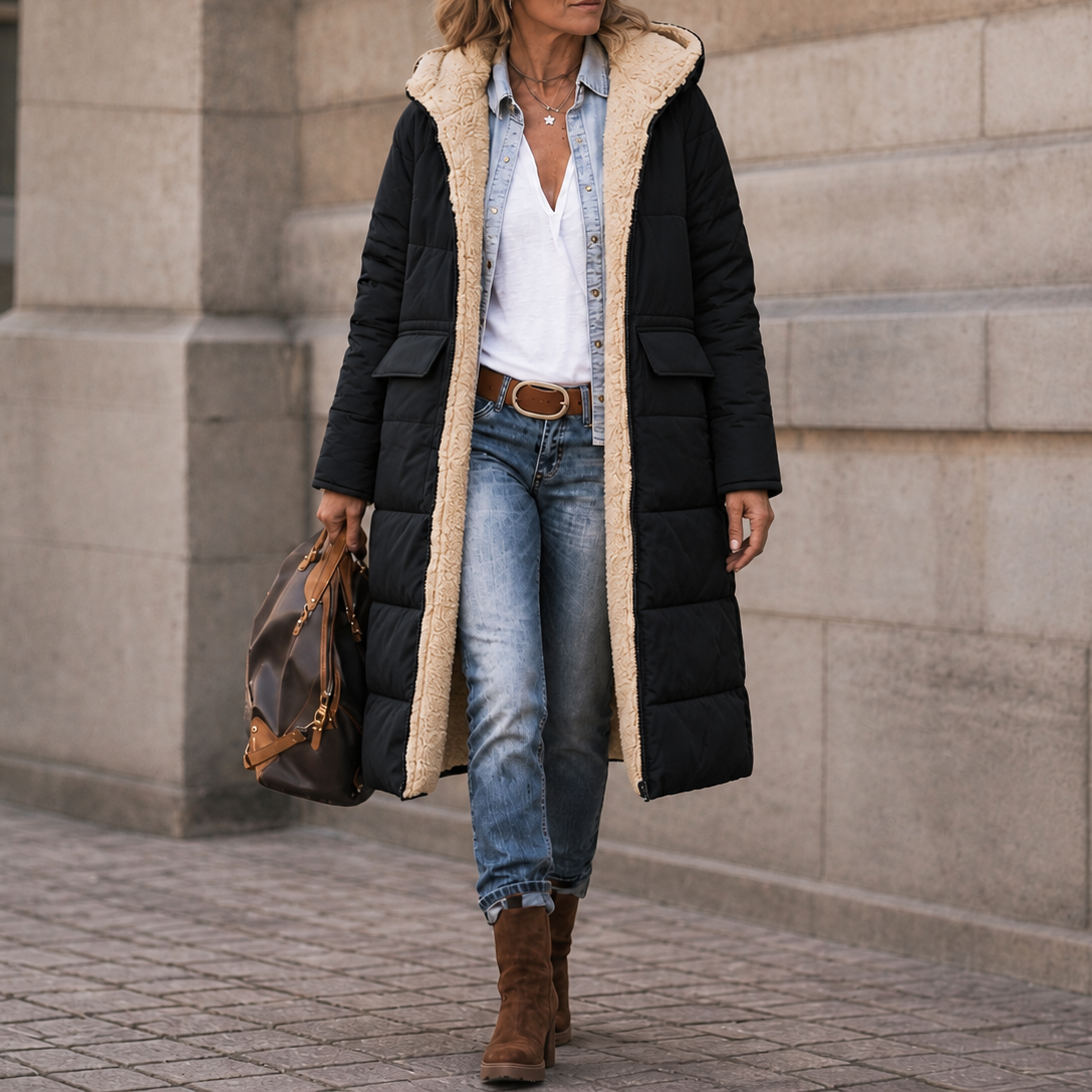 Long black quilted puffer coat with cream sherpa lining worn with jeans and boots