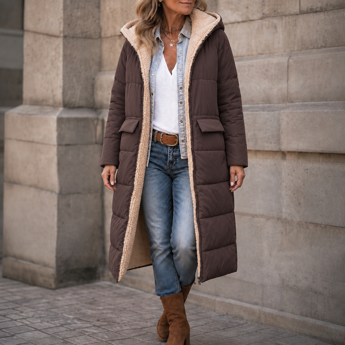 Reversible longline puffer coat in brown with a plush cream sherpa lining, built-in hood, and flap pockets.