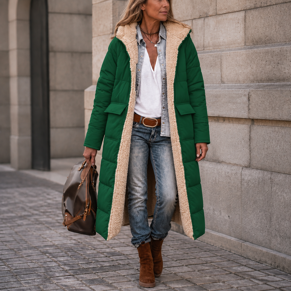Reversible longline puffer coat in forest green with a plush beige sherpa lining, featuring a hood and front flap pockets.