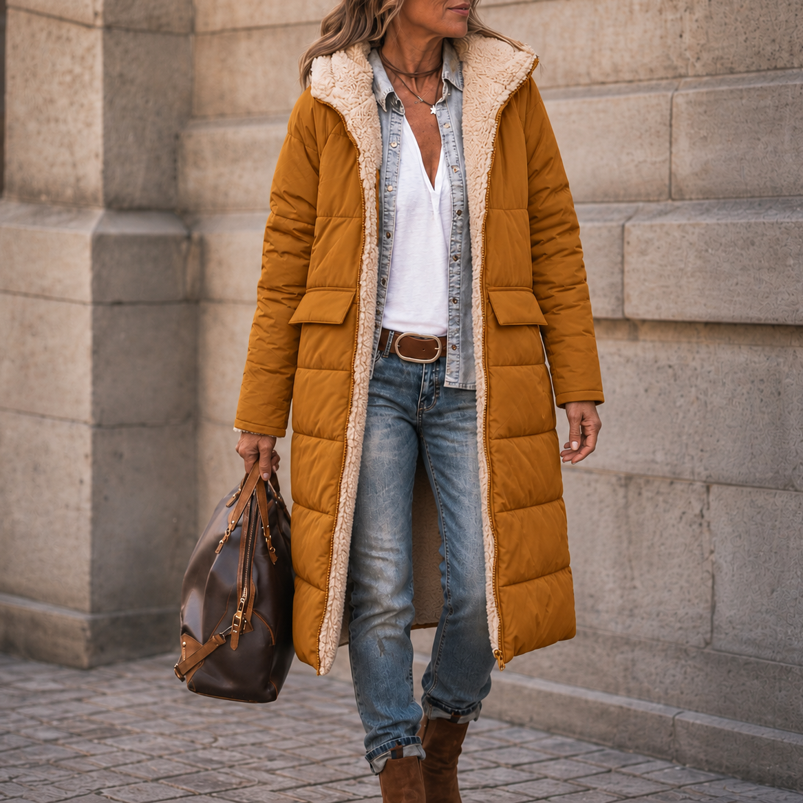 Mustard yellow reversible longline puffer coat with plush sherpa lining, hood, and flap pockets, worn over jeans.