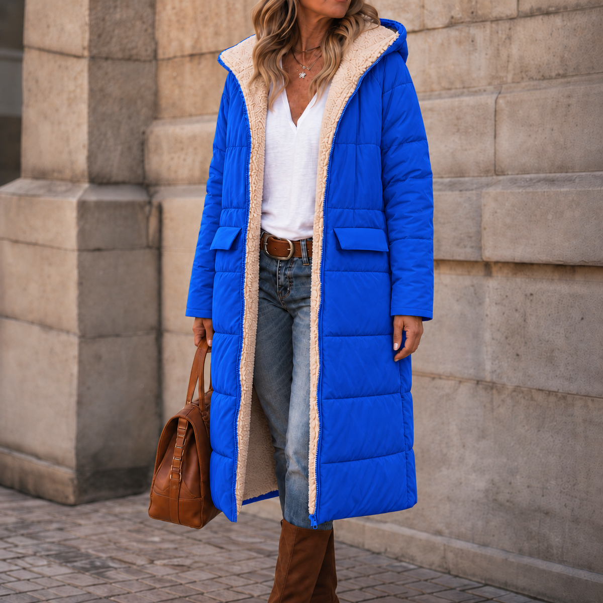 Reversible longline puffer coat in bright blue with a plush beige sherpa lining, hood, and front flap pockets.