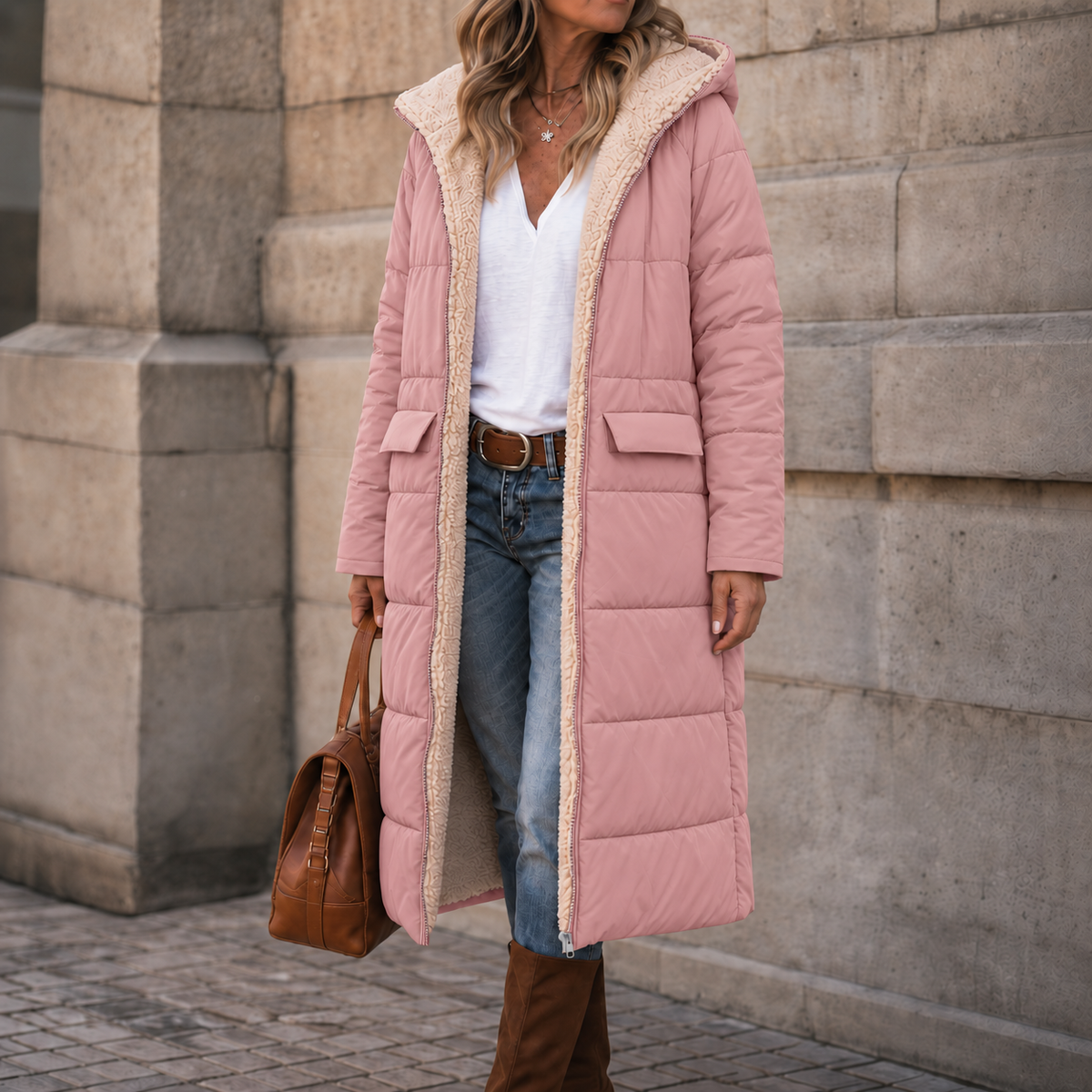 Dusty pink reversible longline puffer coat with plush cream sherpa lining, built-in hood, and flap pockets.