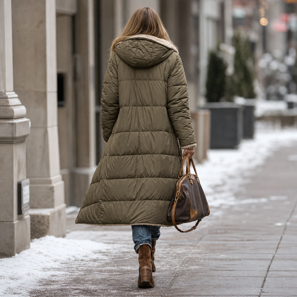 Olive green reversible longline puffer coat with a hooded, quilted shell and plush sherpa lining, worn on a snowy city street.