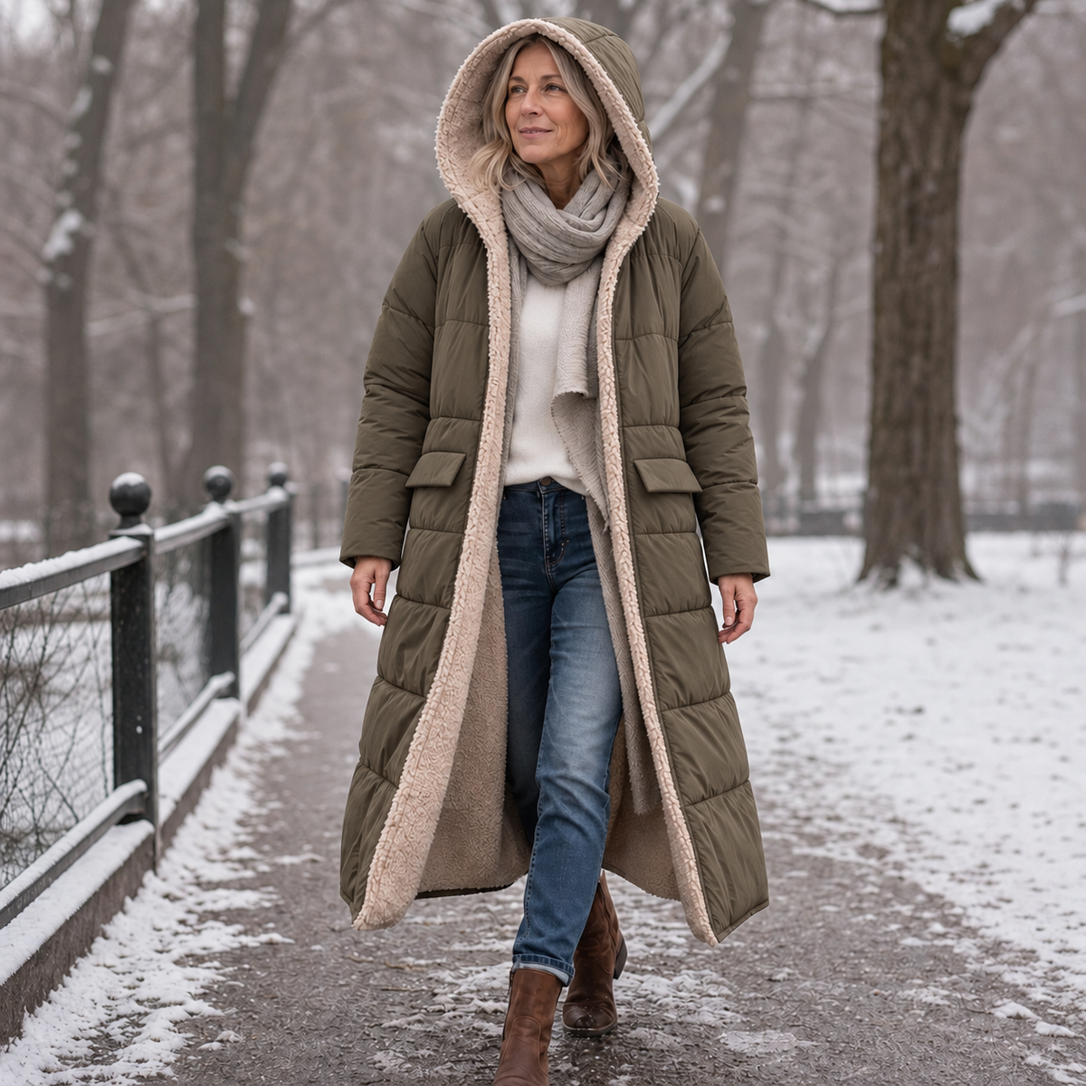 Olive green longline puffer coat with plush sherpa lining, built-in hood, and flap pockets, worn in a snowy park setting.