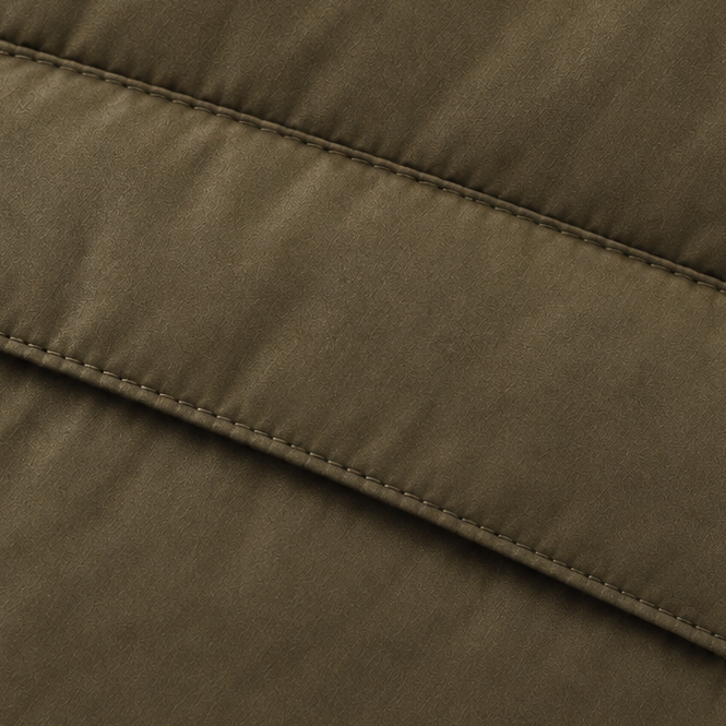 Olive green quilted puffer coat fabric with horizontal stitching and a smooth, matte finish.