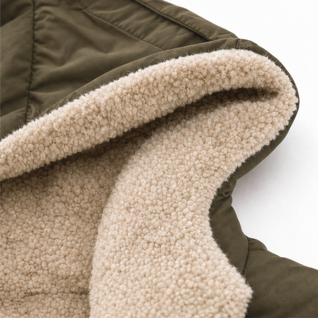 Olive green quilted puffer coat with a plush, cream-colored sherpa-lined hood and interior.