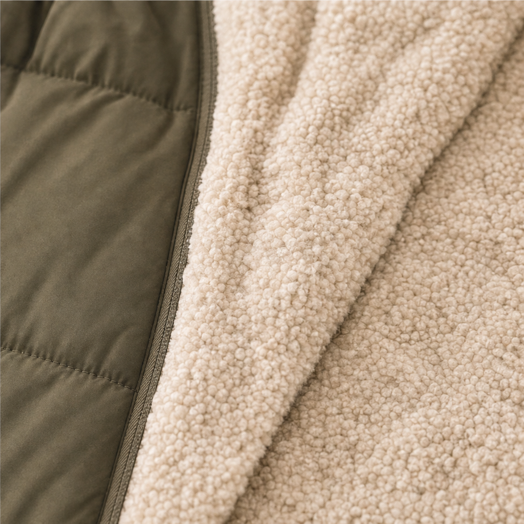Reversible longline puffer coat featuring olive green quilted fabric and plush cream sherpa lining.