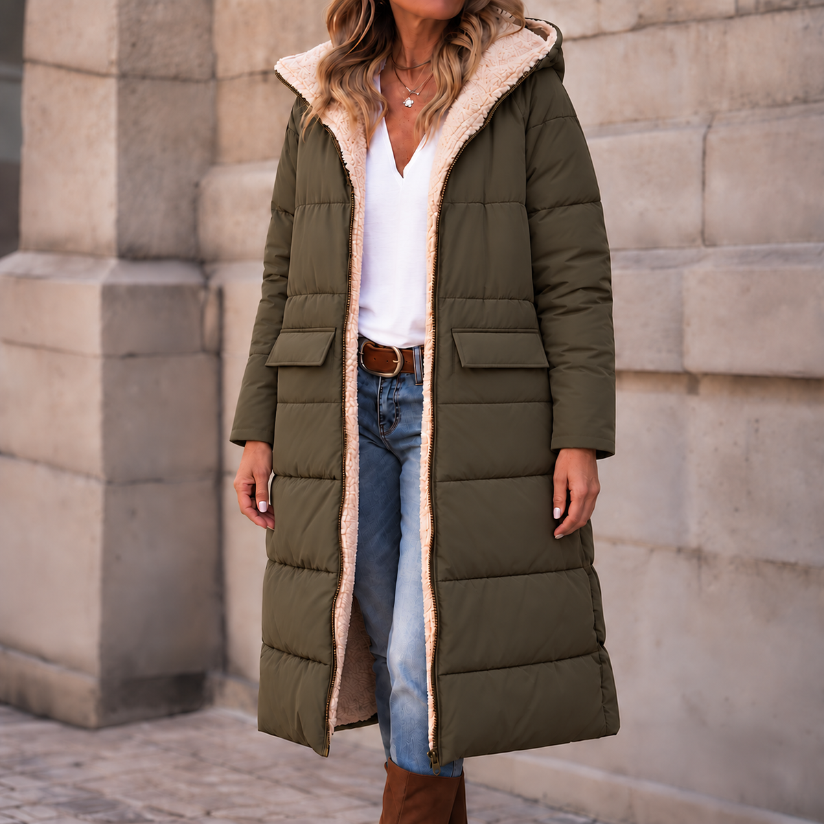 Olive green longline puffer coat with a plush cream sherpa lining, built-in hood, and front flap pockets.