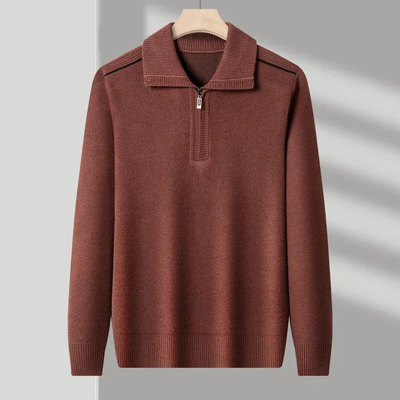 Brown ribbed knit quarter-zip polo shown on a hanger, featuring a wide spread collar and contrast shoulder piping.