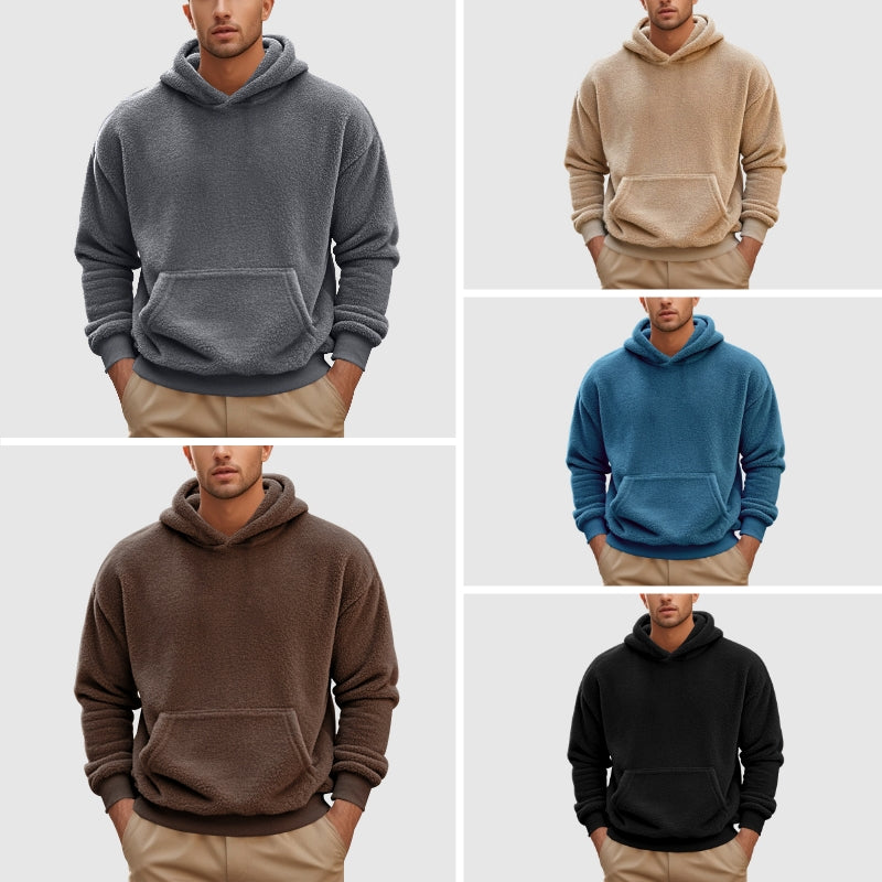 1. Sherpa Fleece Pullover Hoodie – Multiple color options shown on male models in front and back views.