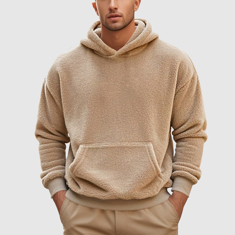 Sherpa Fleece Pullover Hoodie – Beige hoodie worn by a male model with relaxed fit and kangaroo pocket