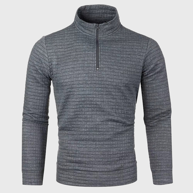 Grey waffle knit quarter-zip pullover with a stand collar, ribbed cuffs, and a textured grid pattern.