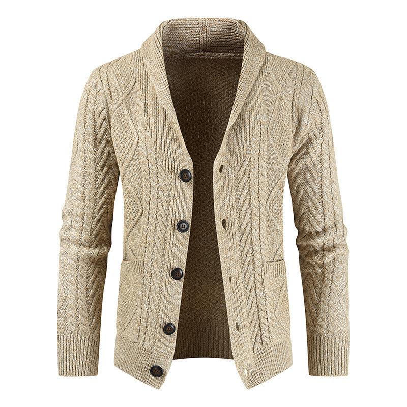 Beige cable-knit shawl-collar cardigan with a single-breasted button front and front patch pockets.