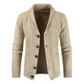 Beige cable-knit shawl-collar cardigan with a single-breasted button front and front patch pockets.