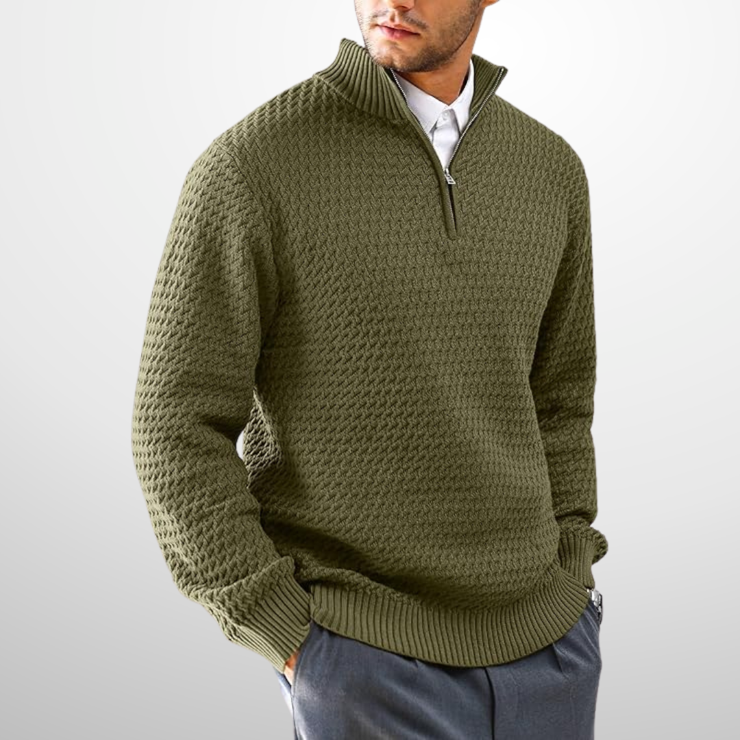 Olive green quarter-zip sweater in a structured basket-weave knit with a ribbed collar and metal hardware.