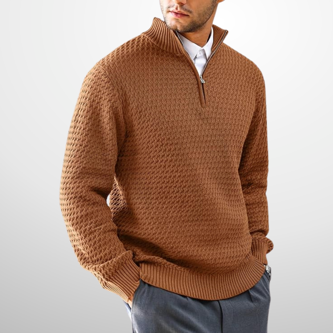 Tan basket-weave quarter-zip sweater in a structured cotton blend with a metal zipper and ribbed trim.