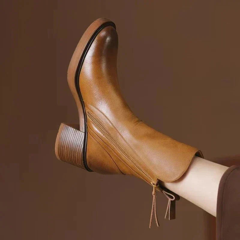 Rosalind Leather Ankle Boots – Block Heel Side-Zip Footwear