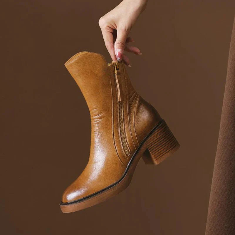 Rosalind Leather Ankle Boots – Block Heel Side-Zip Footwear