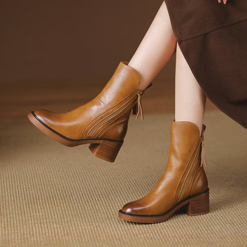 Rosalind Leather Ankle Boots – Block Heel Side-Zip Footwear