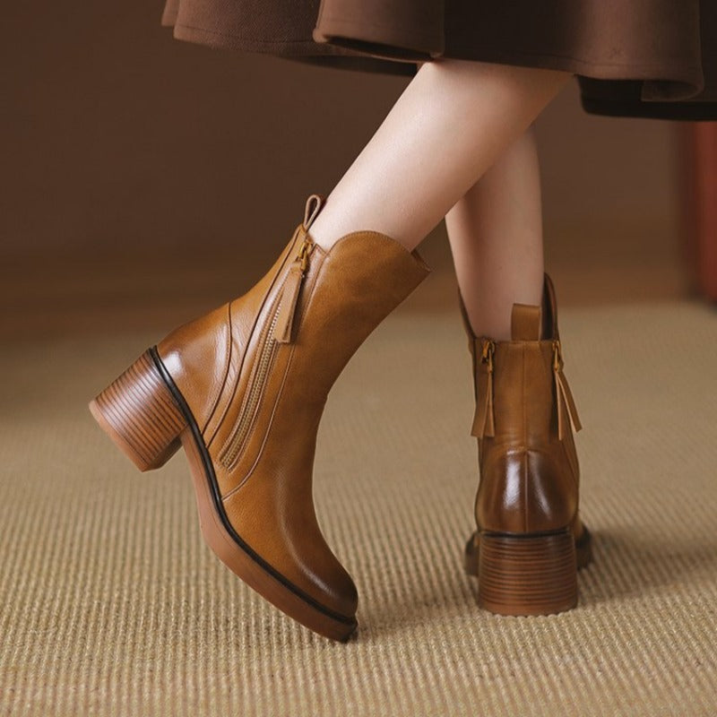 Rosalind Leather Ankle Boots – Block Heel Side-Zip Footwear