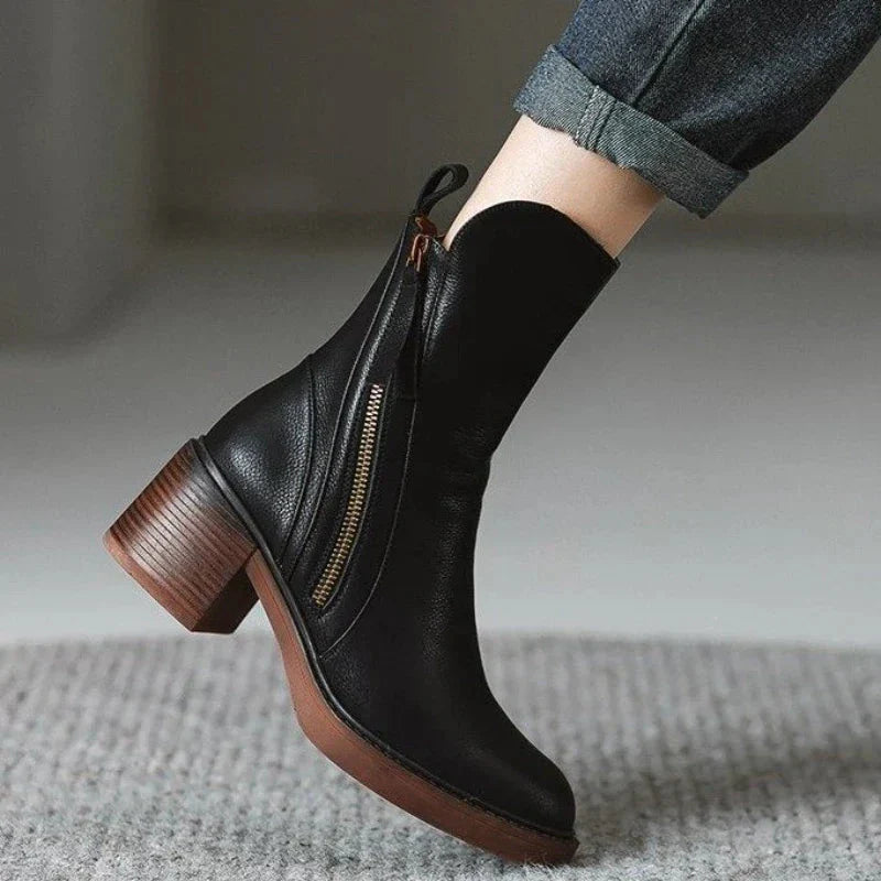 Rosalind Leather Ankle Boots – Block Heel Side-Zip Footwear