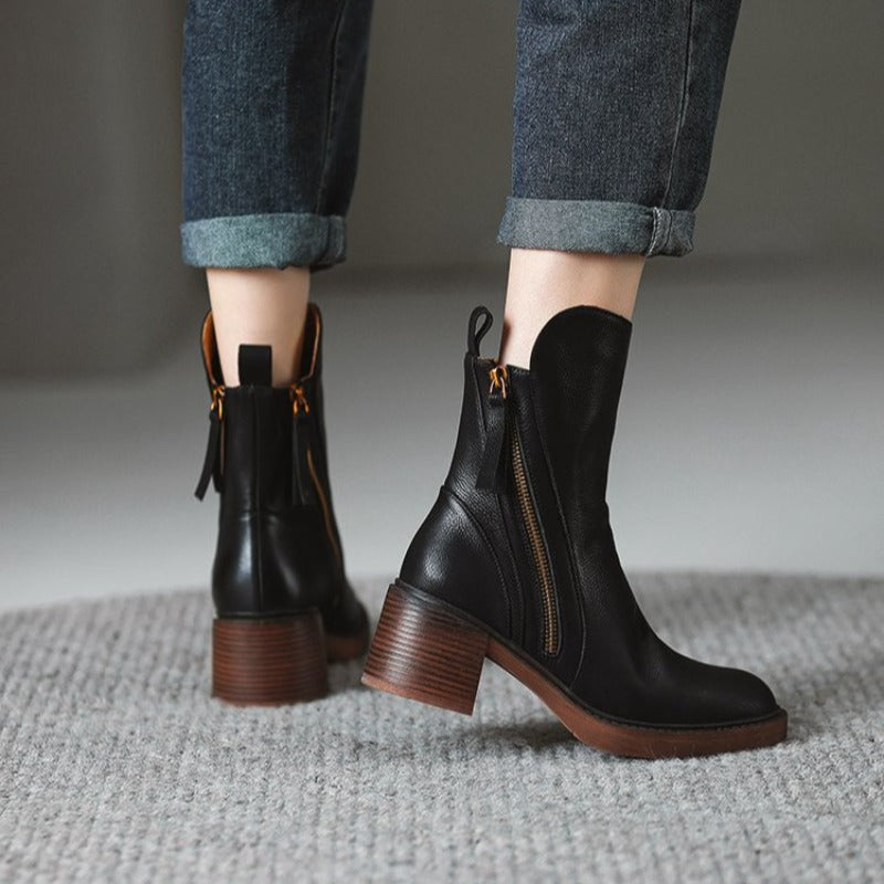Rosalind Leather Ankle Boots – Block Heel Side-Zip Footwear