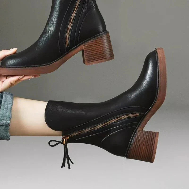Rosalind Leather Ankle Boots – Block Heel Side-Zip Footwear