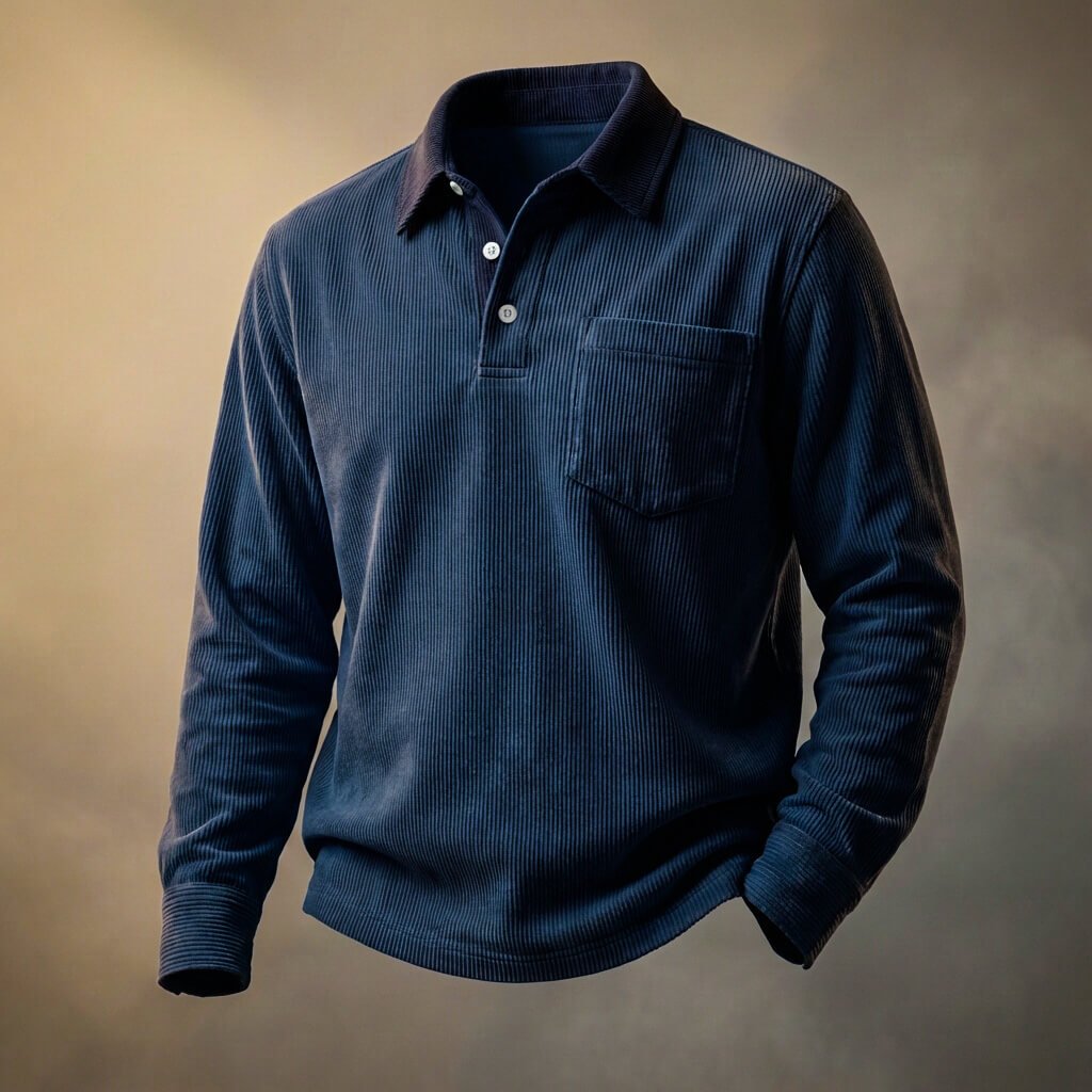Rowan Peruvian Corduroy Polo – Contrast Collar Chest Pocket Long Sleeve Shirt