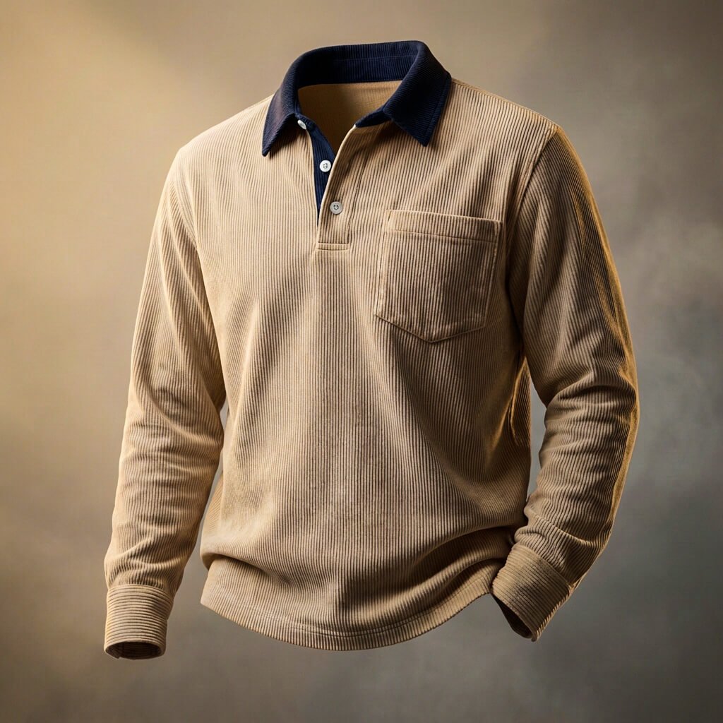 Rowan Peruvian Corduroy Polo – Contrast Collar Chest Pocket Long Sleeve Shirt