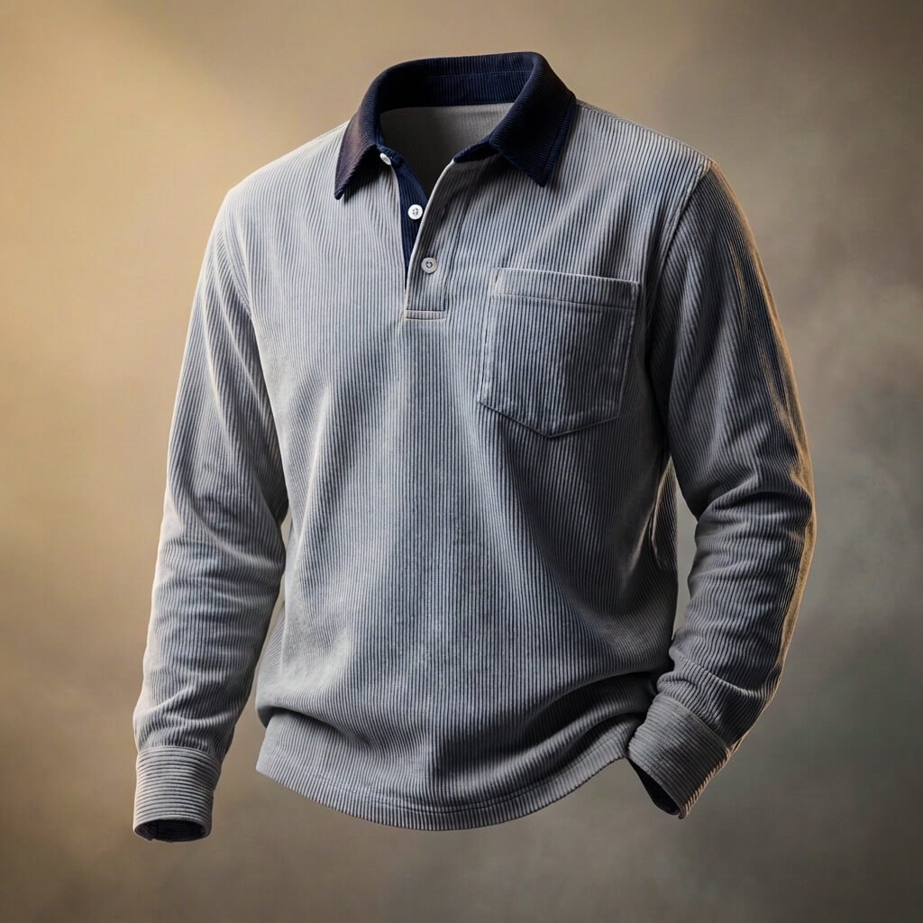 Rowan Peruvian Corduroy Polo – Contrast Collar Chest Pocket Long Sleeve Shirt