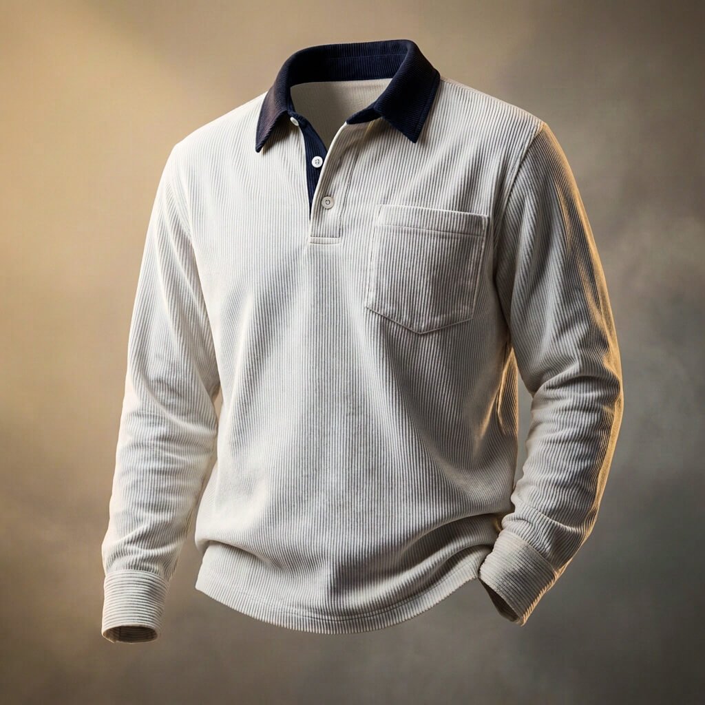 Rowan Peruvian Corduroy Polo – Contrast Collar Chest Pocket Long Sleeve Shirt