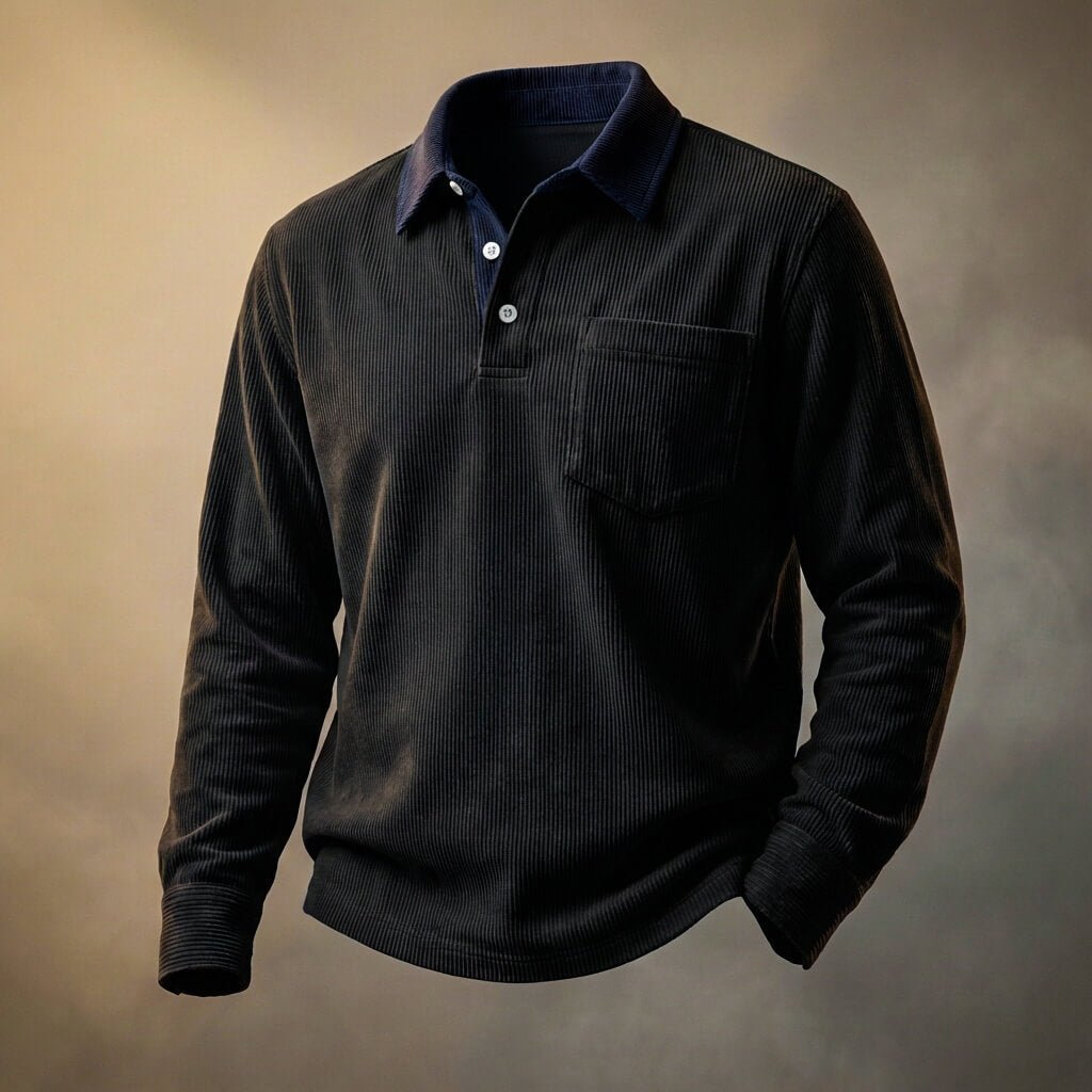 Rowan Peruvian Corduroy Polo – Contrast Collar Chest Pocket Long Sleeve Shirt