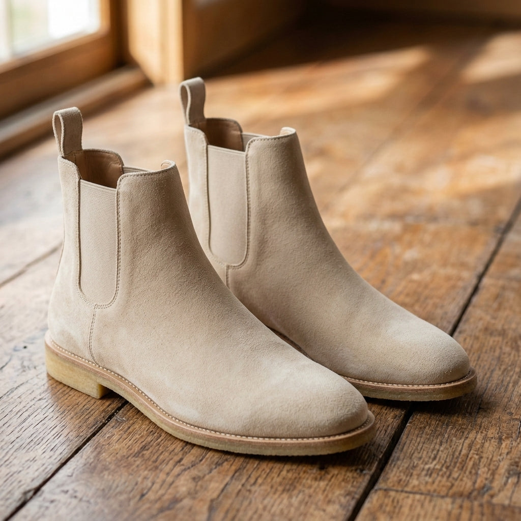 Beige suede Chelsea boots with elastic side panels and a slim, flat welted sole on a rustic wooden floor.