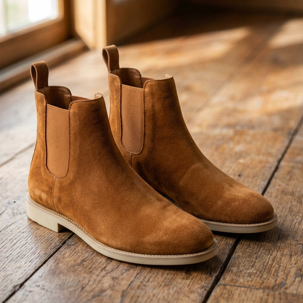 Tan suede Chelsea boots with elastic side panels and a slim, flat welted sole resting on a rustic wooden floor.
