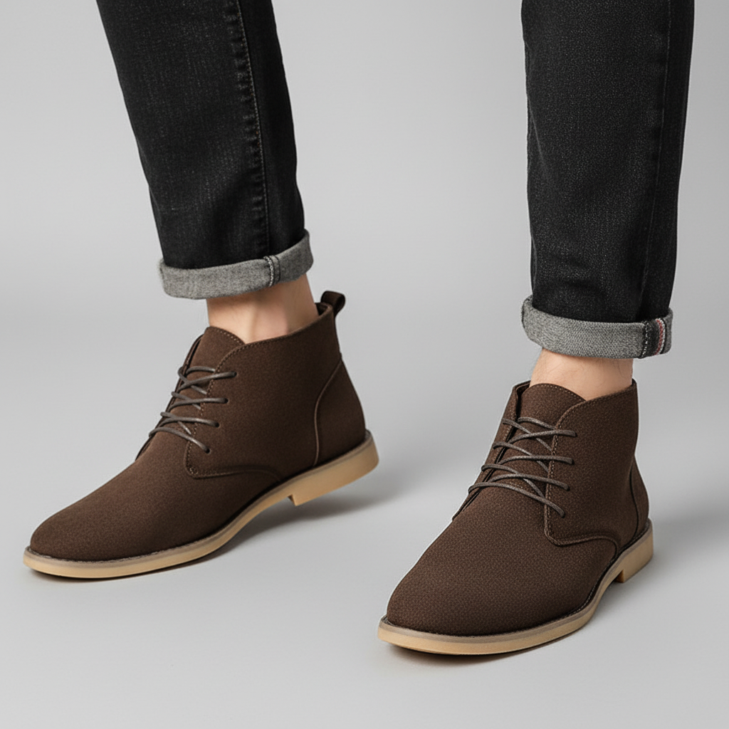 Brown vegan suede chukka boots featuring a plain toe, lace-up front, and low stacked heel worn with cuffed black jeans.