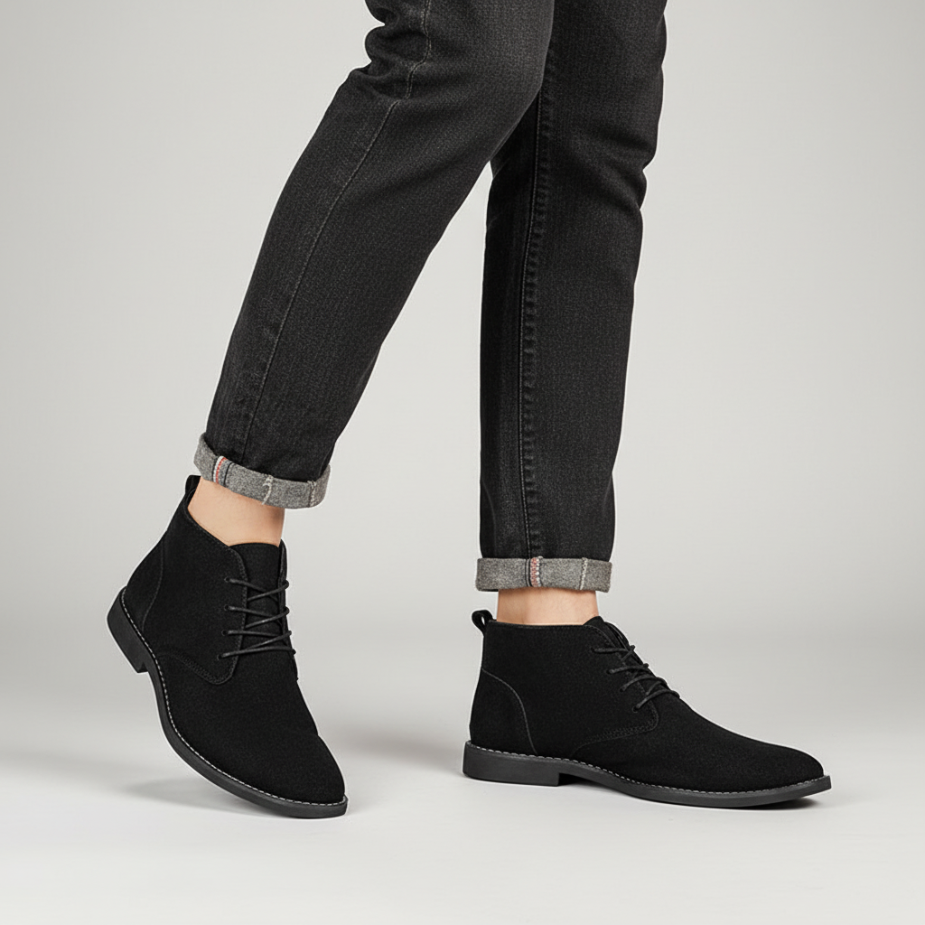 Black vegan suede chukka boots with a plain toe, lace-up front, and low stacked heel worn with cuffed dark denim jeans.