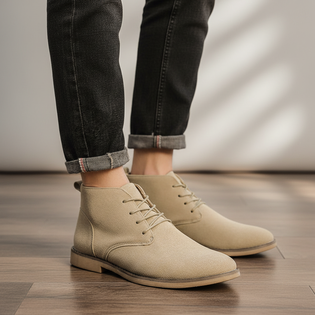 Beige vegan suede chukka boots with a plain toe, lace-up front, and low stacked heel worn with cuffed dark denim jeans.