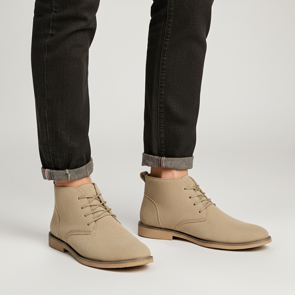 Beige vegan suede chukka boots with a plain toe, lace-up front, and low stacked heel worn with cuffed black jeans.
