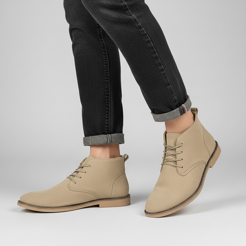 Beige vegan suede chukka boots with a plain toe, lace-up front, and low stacked heel worn with cuffed black jeans.