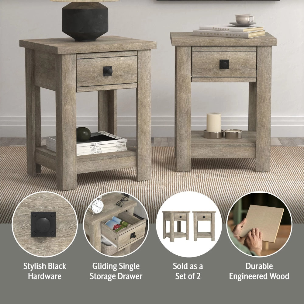 Minimal Thicket - Modern Farmhouse 1 Drawer Nightstand Set of 2 Bedside Table