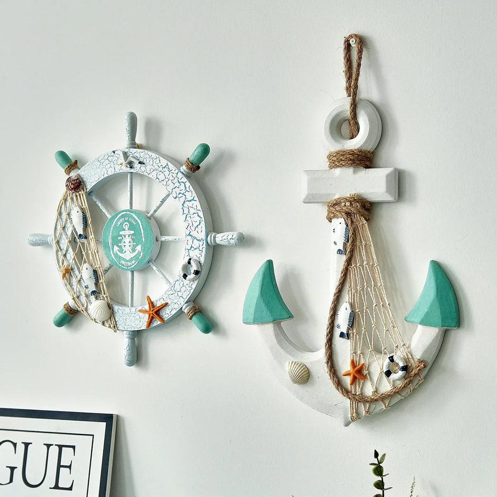 Boden - 2PCS Nautical Ship Wheel and Anchor Wall Decor