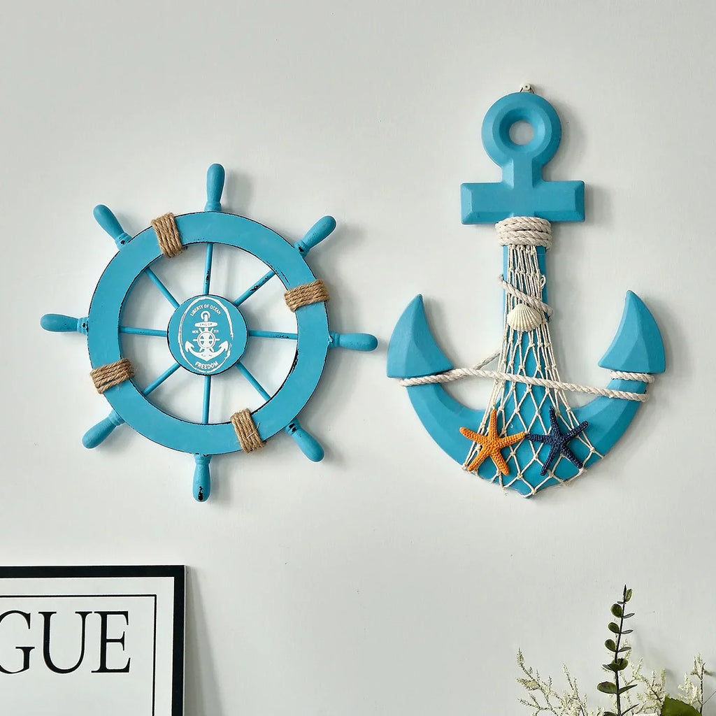 Boden - 2PCS Nautical Ship Wheel and Anchor Wall Decor