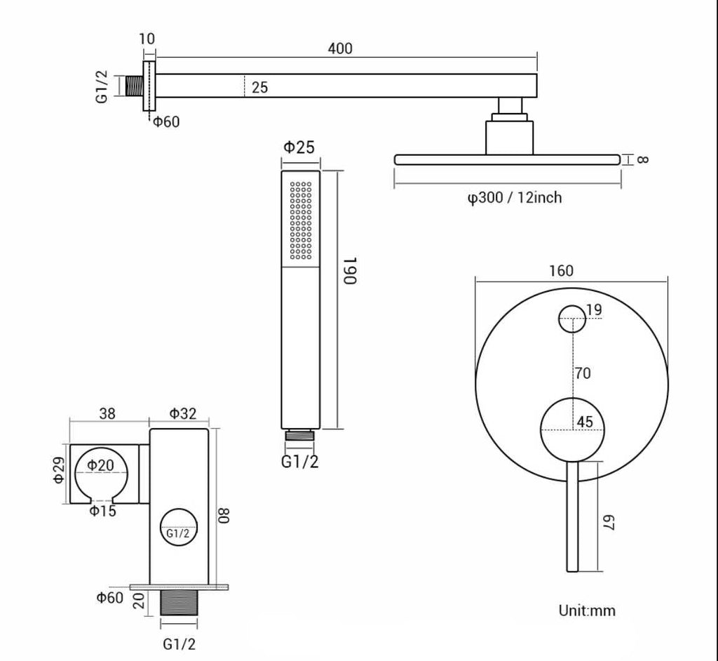 Silver Glade - Wall Mounted Rain Shower Head Set