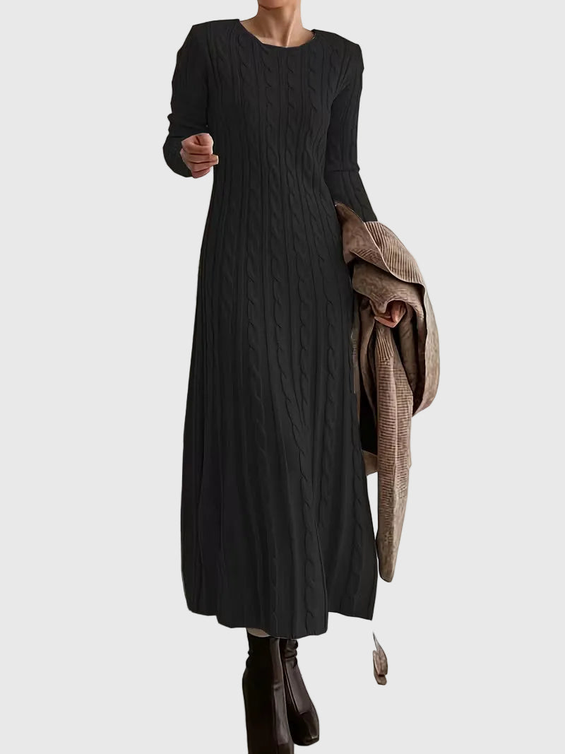 Selene Cable Knit Maxi Dress – Crew Neck Long Sleeve A-Line Sweater