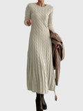 Selene Cable Knit Maxi Dress – Crew Neck Long Sleeve A-Line Sweater