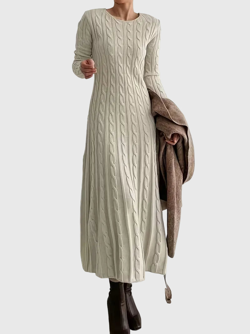 Selene Cable Knit Maxi Dress – Crew Neck Long Sleeve A-Line Sweater