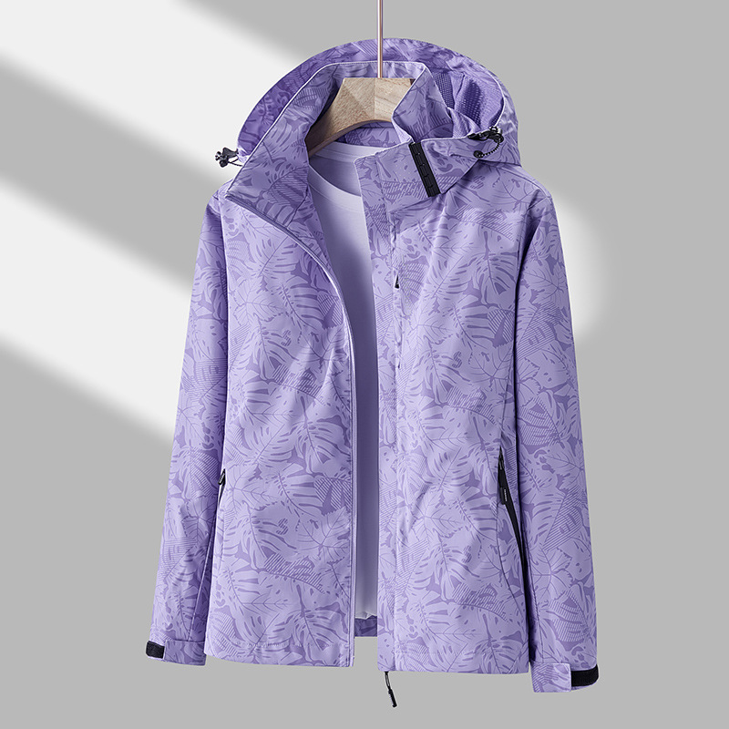 Purple hooded waterproof jacket with a full-zip front, adjustable hood, zippered pockets, and long sleeves displayed on a white background.