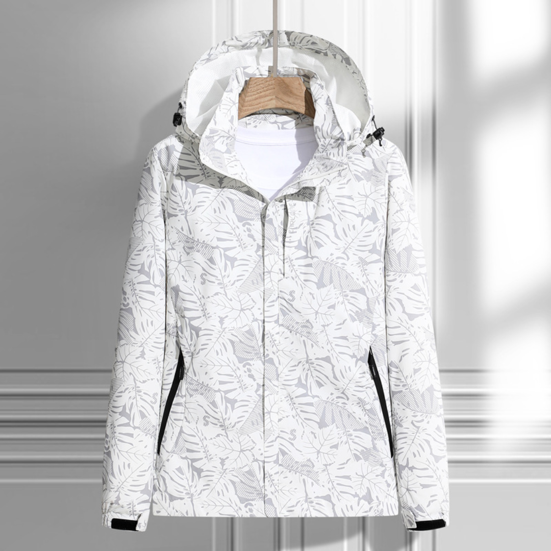 White hooded waterproof jacket featuring a full-zip closure, adjustable hood, zippered pockets, and long sleeves on a white background.